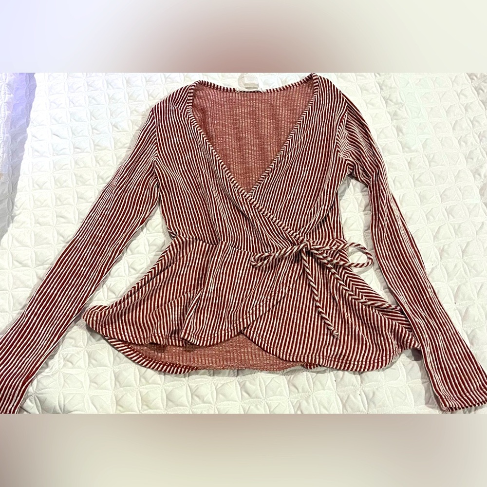 Caution to the wind striped Faux long sleeve wrap top